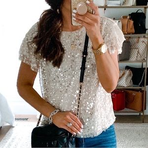 Anthropologie White Sequin Top